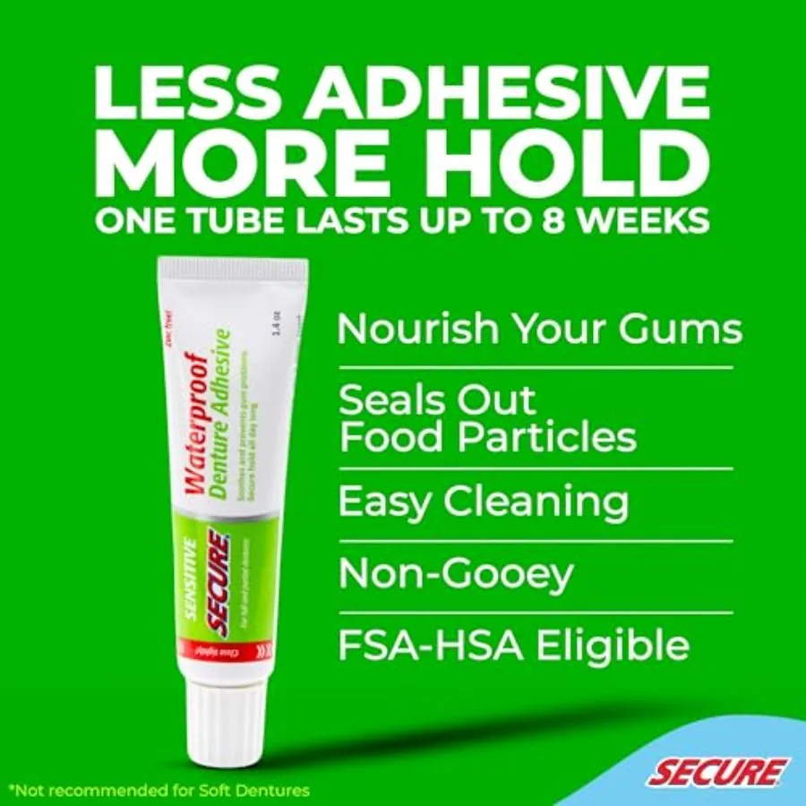 Secure Sensitive Denture Adhesive Cream, Zinc Free Glue, 1.4 oz, 2 Pack Aloe Vera and Myrrh to Nourish Your Gums - Uppers, Lowe
