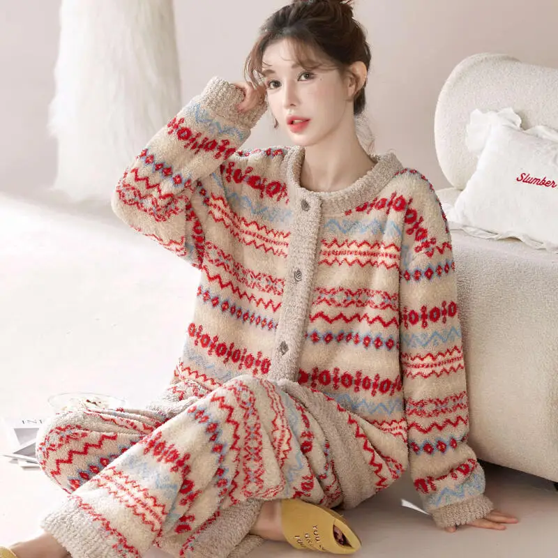 

Girl Flannel Stripe Pajamas Sets Princess Fashion Long Sleeves Thickened Keep Warm Autumn Winter Clothes Outside Girl's Gift New