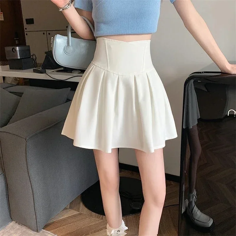 Korean Pleated Mini Skirts Women Preppy High Waist Solid A Line Skirt Student Streetwear Fashion Casual Basic Slim Skirts L619