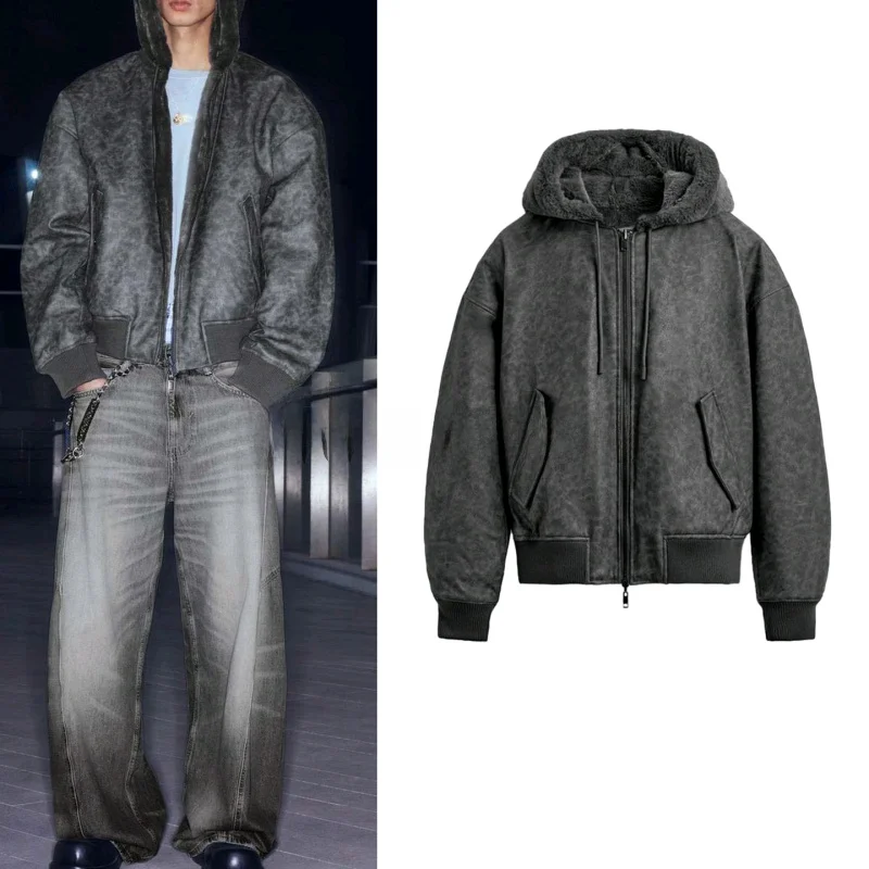 

Осеннее новое мужское свободное кожаное пальто с двусторонним пилотом из ткани из искусственной кожи с капюшоном ort Sve на молнии