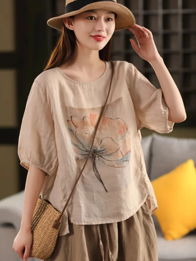 

2025 Summer New Retro Print Cotton Linen Tops Women's Thin Loose Casual Tees Shirt