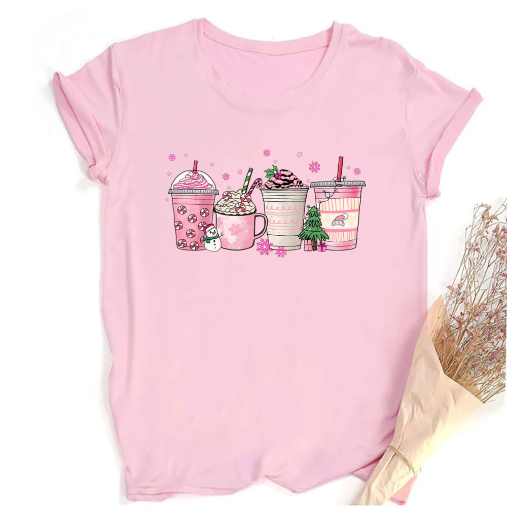 Retro Pink Santa Christmas Women Shirt Vintage Holiday Shirt Christmas Pink Latte Drink Shirts Women Graphic Tshirt Gift for Her