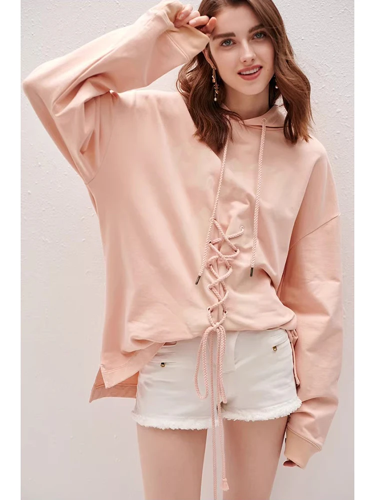

aron Poer Lazy Free Design Sense Belted Floing Waed Cotton Hoodie Women's Loose Fit Long Sve Summer Casual Top