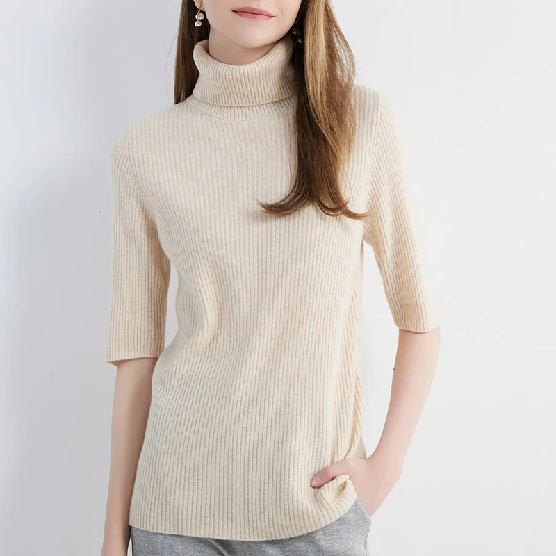 Sweater for Women Knitwears Turtleneck Tops 100% Wool Short Sleeve Pullover 2023 Spring Cashmere Knit Clothes Korean Fashion y2k