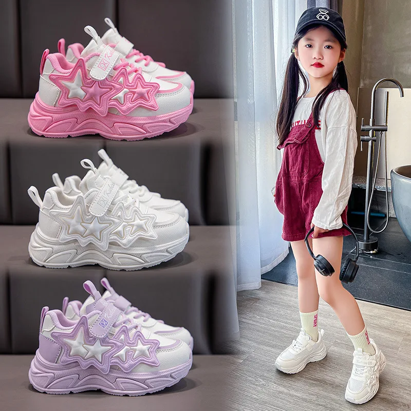 Girls Sports Shoes Spring Breathable Fashionable Sneakers Children Student Leather Small White Shoes PVC Casual Trendy Shoe