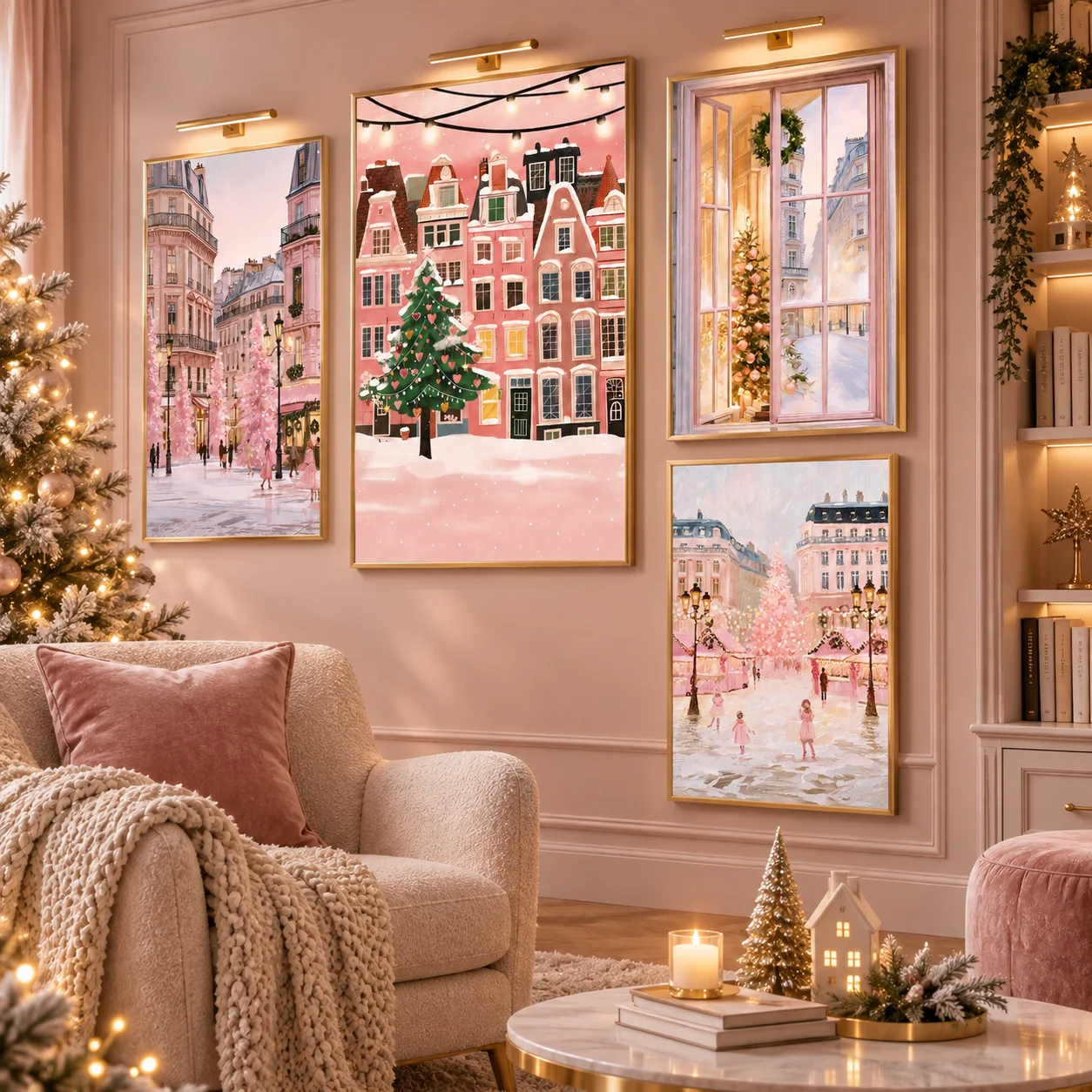 Pink Christmas Wall Art, Watercolor Winter European Street Snow Print, Pink Xmas Tree Gallery Poster, Sweet Holiday Home Decor