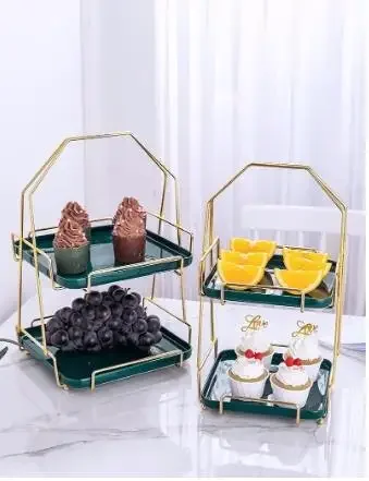 

Iron Ceramics Fruit Tray European Style Double Layer Snack Tray Cake Stand Pastry Display Stand Living Room Candy Tray Cake Tool