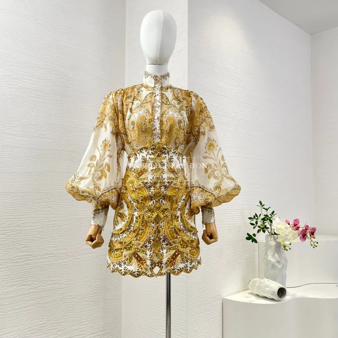 

Women New Collection Beach Style Holiday High Quality Paisley Lantern Sleeve Blouse and Mini Skirt Set Oufit