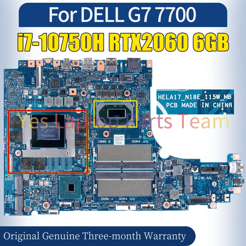 HELA17_N18E_115W_MB For DELL G7 7700 Laptop Mainboard i7-10750H RTX2060 6GB 0M7GYR 100％ Tested Notebook Motherboard