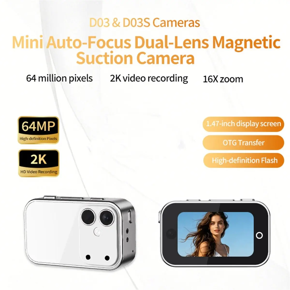 1.47-Inch Thumb Magnetic Camera Dual Autofocus Beauty Mode Retro Filter 2K Image Stabilization 64MP Flash TF 16X Black