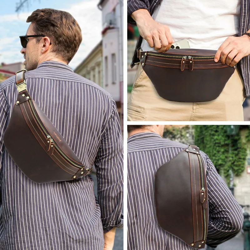 Retro crazy horse cowhide large-capacity multi-functional real leather waist bag for both men and women for mobile phone storage