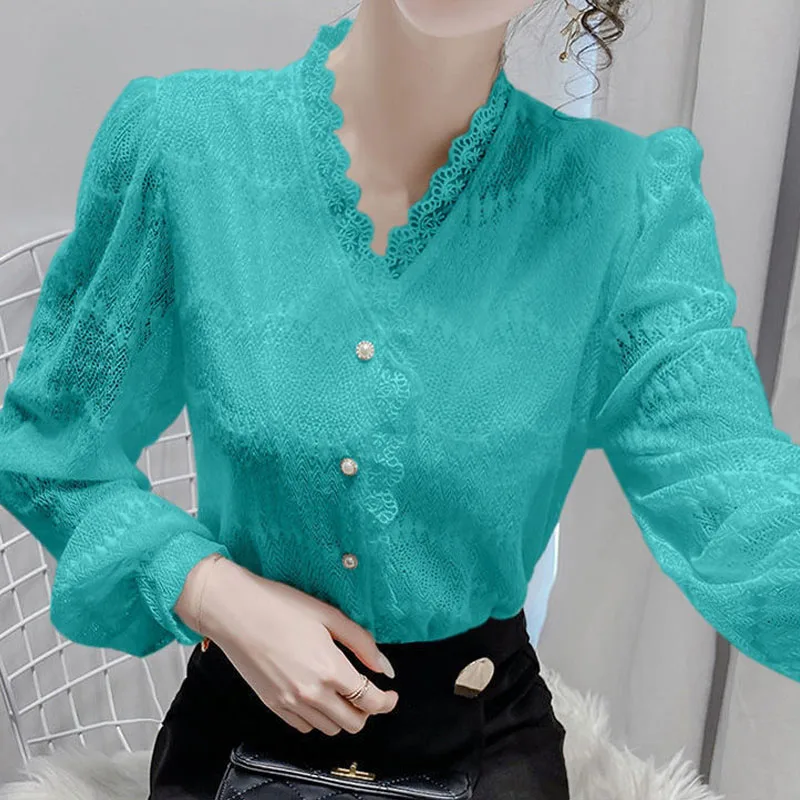 Bright Colors Spring Summer V-Neck Lace Single Breasted Puff Sleeve Women Shirt Hollow Out Thin Fashionable Multiple Colors Slim