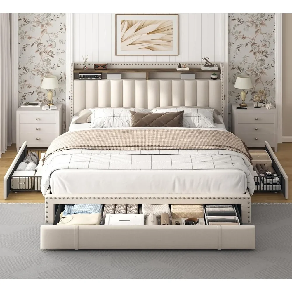 Bed Frame with 3 Drawers,Bed Frame  with Upholstered Headboard and Storage,2-Tier Shelves,1100LBS for Strong Support