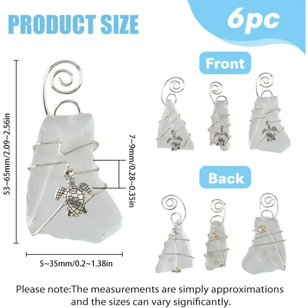 大きな白いガラスのペンダントチャーム,銅線で包まれた,亀のビーズ,宝石,らせん状の穴,6個