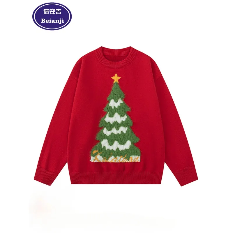 Beianji Christmas tree red mens sweater fashion brand American men's autumn and winter design sense crewneck couple knitwear top