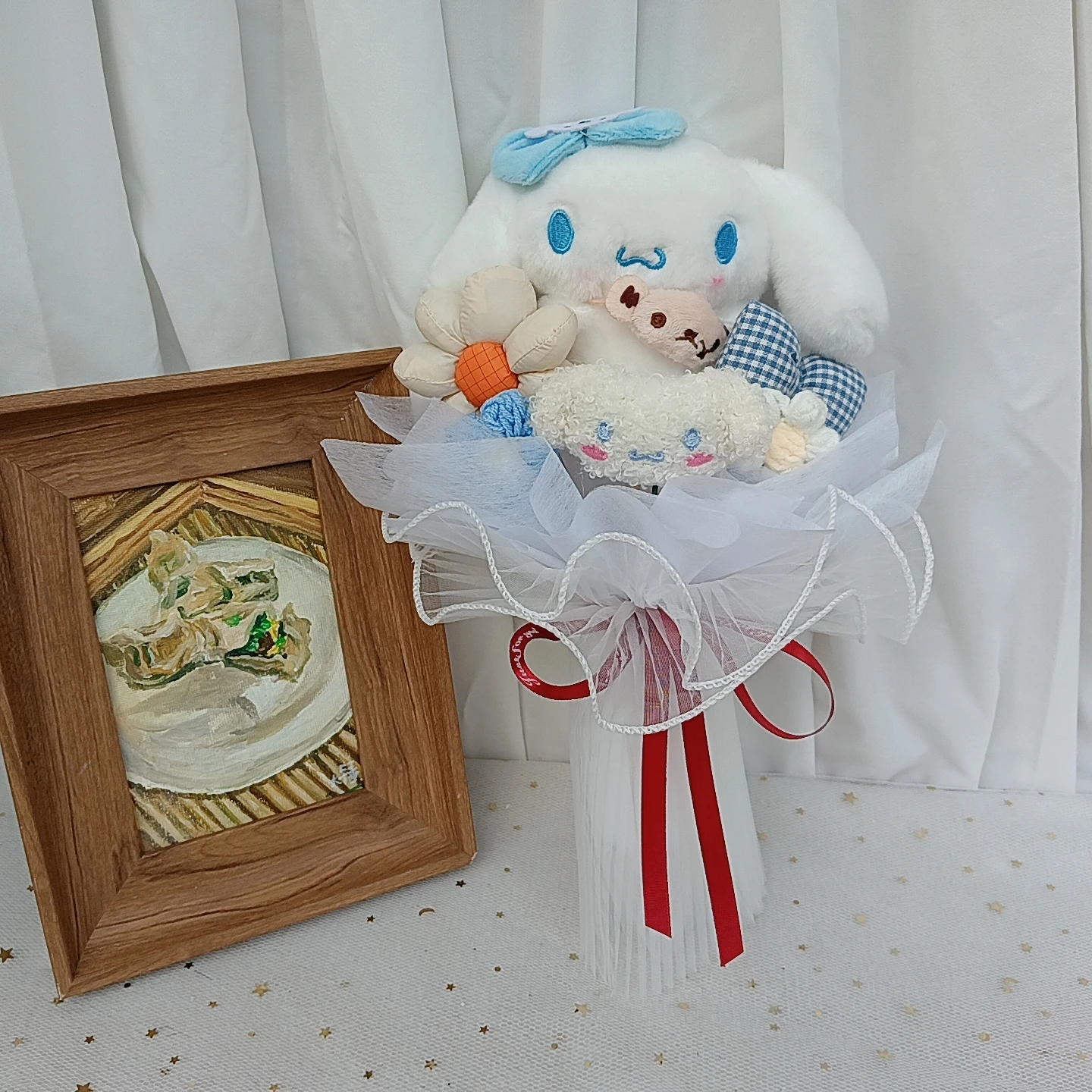 MINISO Christmas Gifts Hello Kitty Kuromi My Melody Cinnamoroll  Plush Toy With Bow Bouquet Anime Valentine's Day Wedding Party
