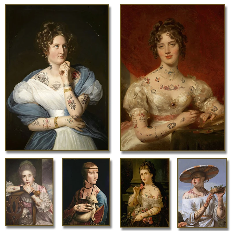 Antique Famous Woman Tattooed Portrait Poster Lady with Ermine Canvas Painting Print Wall Art for Living Room Home Decoration