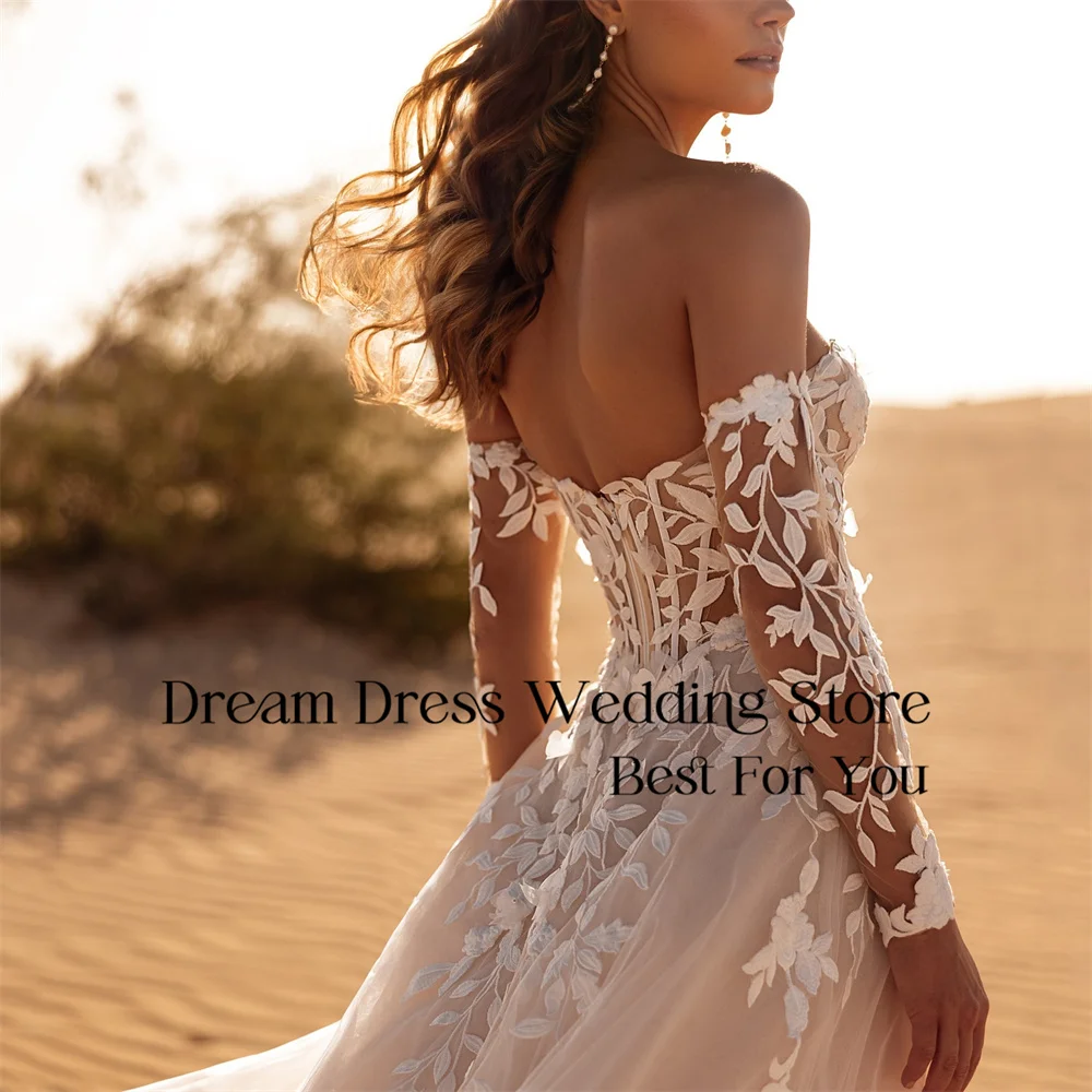 DREAM Spitze Lange Ärmel A-Linie Brautkleid Applizierte Schatz Open Back Tüll Falte Brautkleid Vestidos De Novia Angepasst