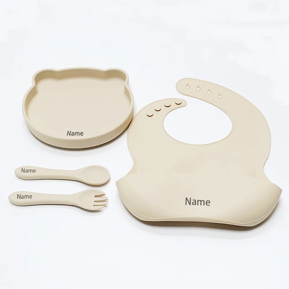 Free Name Printing Silicone Children's Tableware Feeding Bowl Silicone Fork Spoon Plate Meal Training Holiday Gift