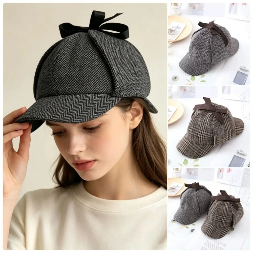 Fashion Striped Pattern Detective Cap Double-Cap Brim All Seasons Ear Protection Cap Snapback Caps Men