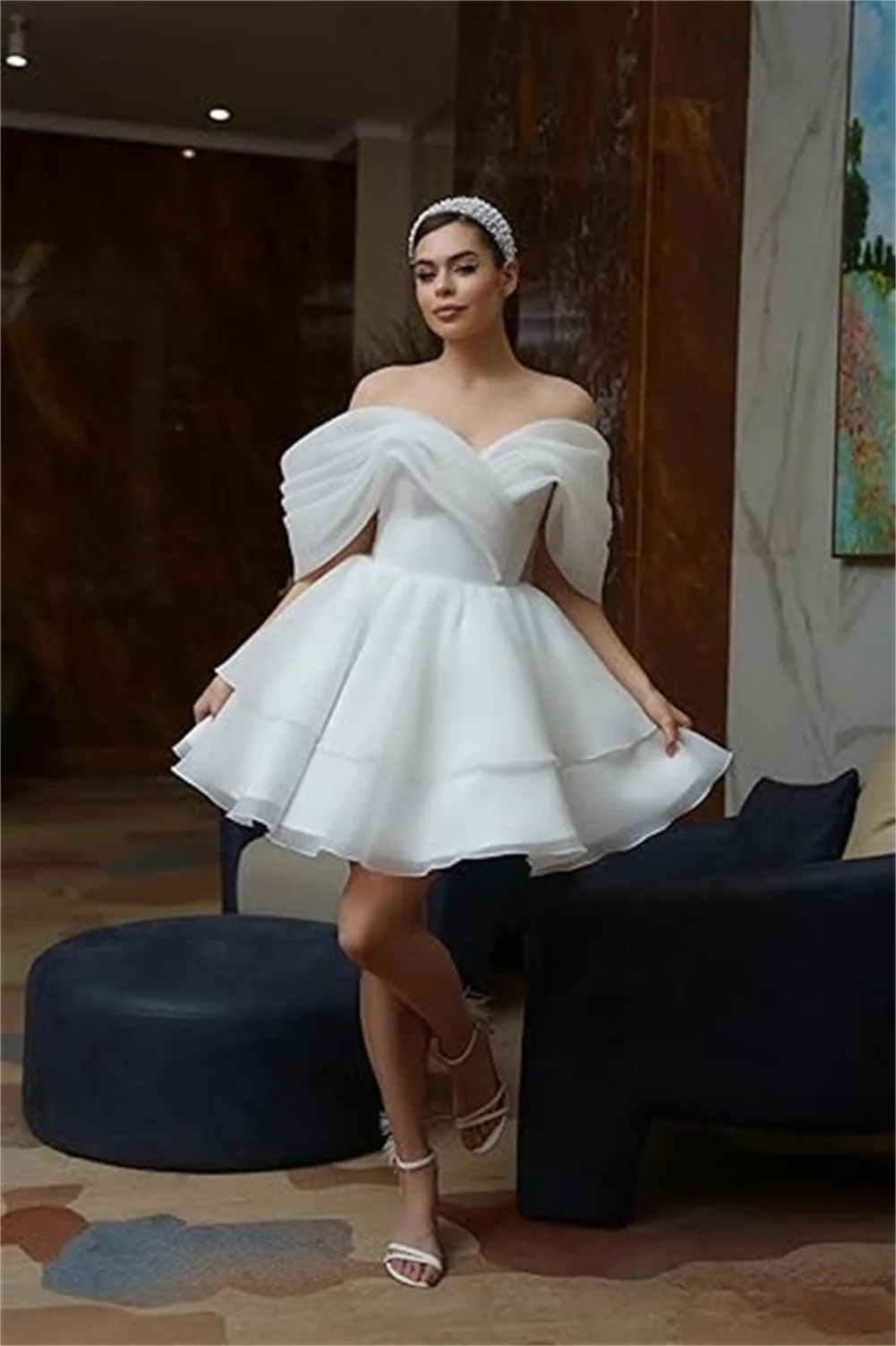 

Off The Shoulder Satin Short Wedding Dresses Puffy Sleeves Princess Dress A Line Tiered Homecoming Dress Mini Party Dress