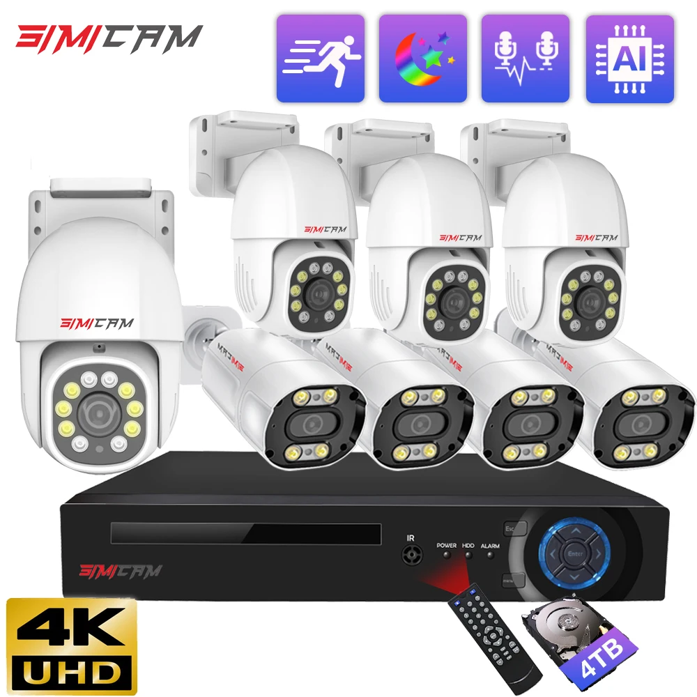 4K POE PTZ IP Kamera Kit 8MP Peluru NVR Sistem Keamanan Warna Penglihatan Malam Audio 2 Arah Keluar Pintu Tahan Air Video Pengawasan