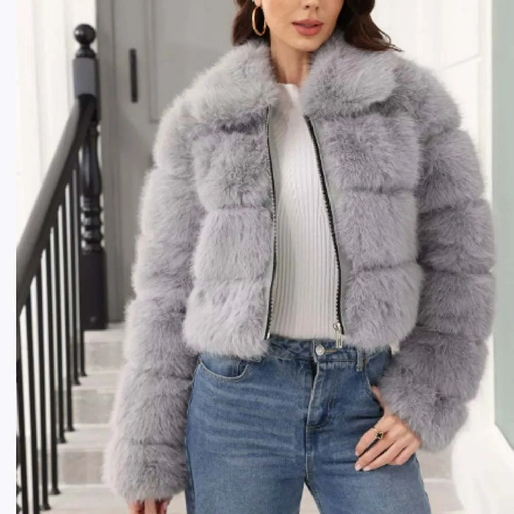 معطف نسائي جديد على الموضة لعام 2025 من الفرو الصناعي برقبة واقفة وأكمام طويلة وسحاب قصير بلون سادة سترات شتوية دافئة سميكة #3