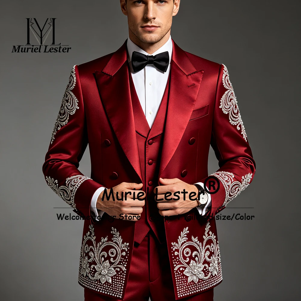 Luxury Groom Wedding Suit For Man Sparkly Crystals Beading Stones Jacket Vest Pants 3 Piece Sets Banquet Man Tuxedo Ropa Hombre