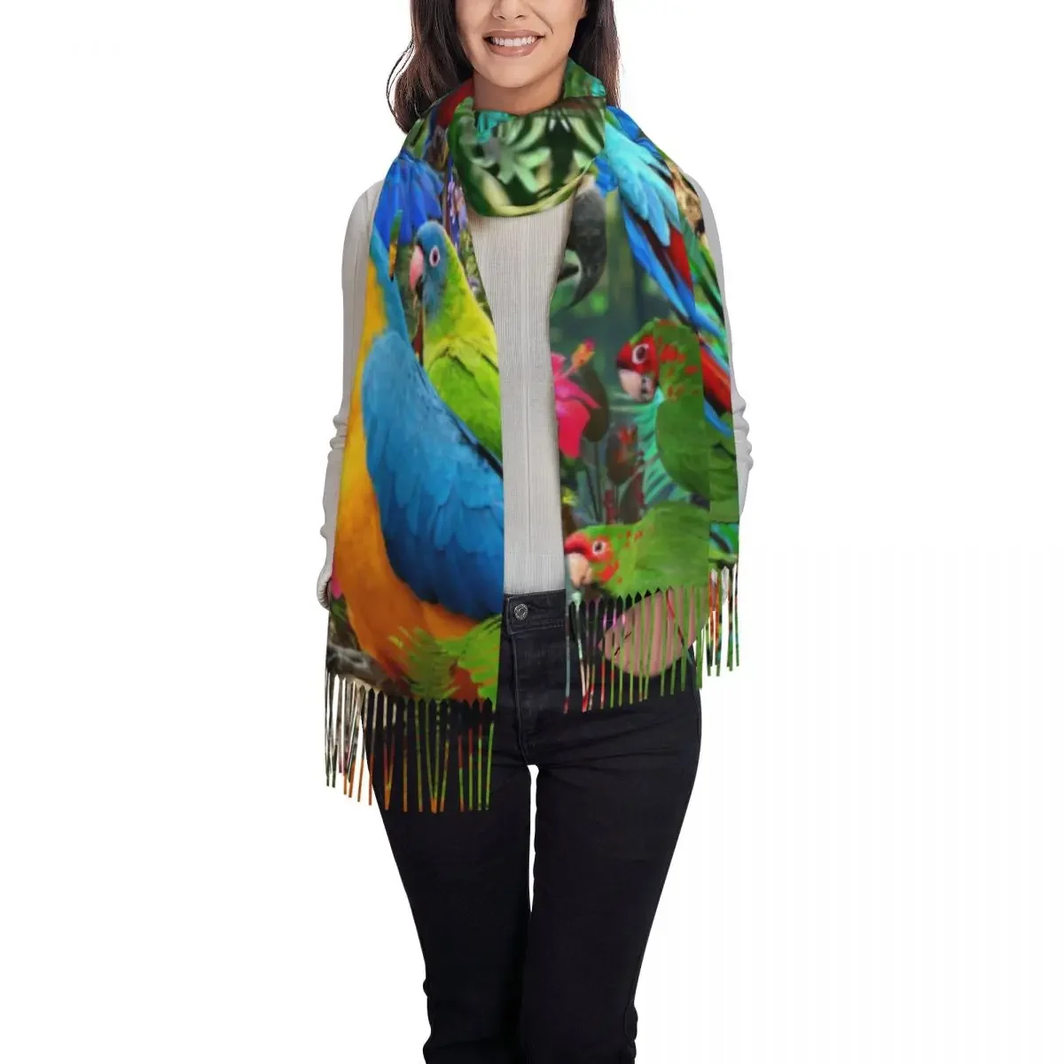 Bufanda personalizada para mujer, chal largo y cálido con borlas, loro Tropical, pájaros, guacamayo, Invierno