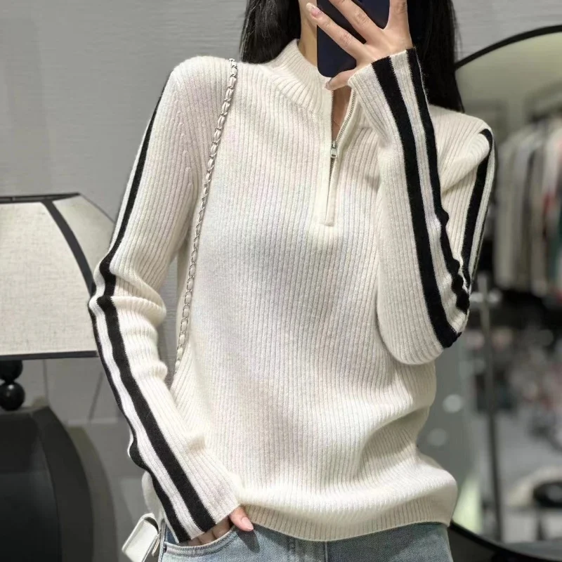 

Women's sweater autumn/winter 100% pure wool pullover casual solid color knitted Tops fit stand collar Blouse basic all-match