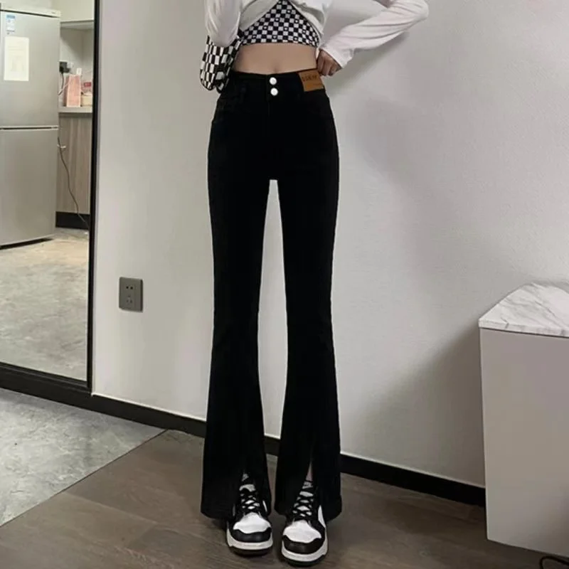 plus Size Women's Black High Waist Skinny High Split Bell Bottom Jeans Cotton Stretch Denim Long Trousers for Autumn Winter
