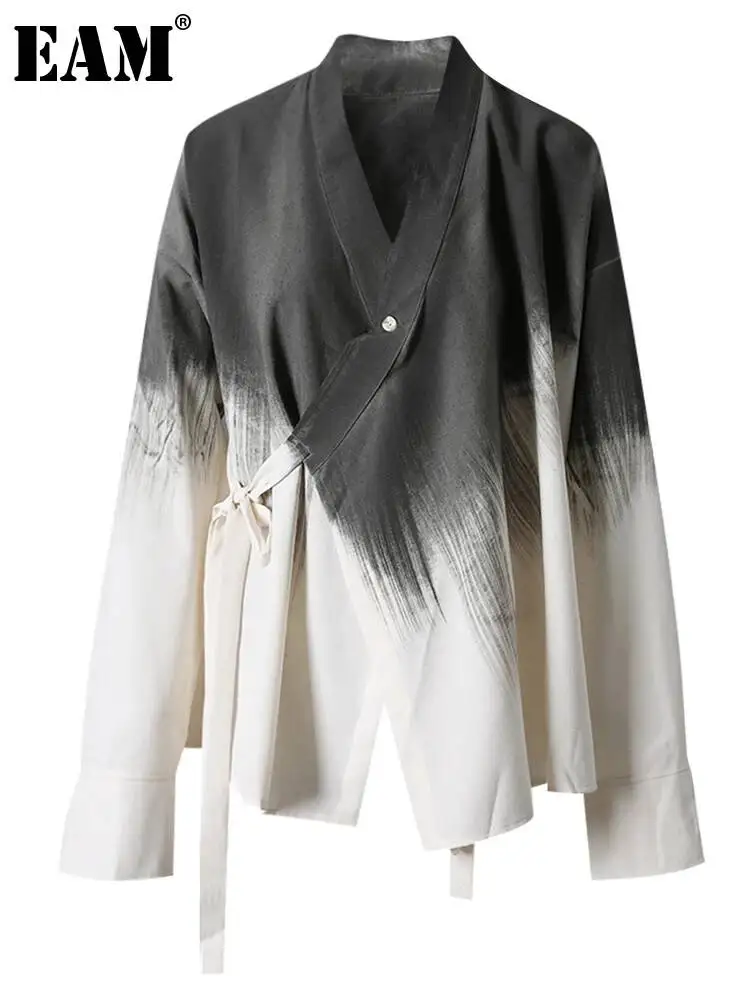 EAM Casual Tie Dye Lace Up V-Neck Button Loose Shirt Long Sleeve Open Stitch Blouse Women Fashion Spring Summer 2026 CPG5464