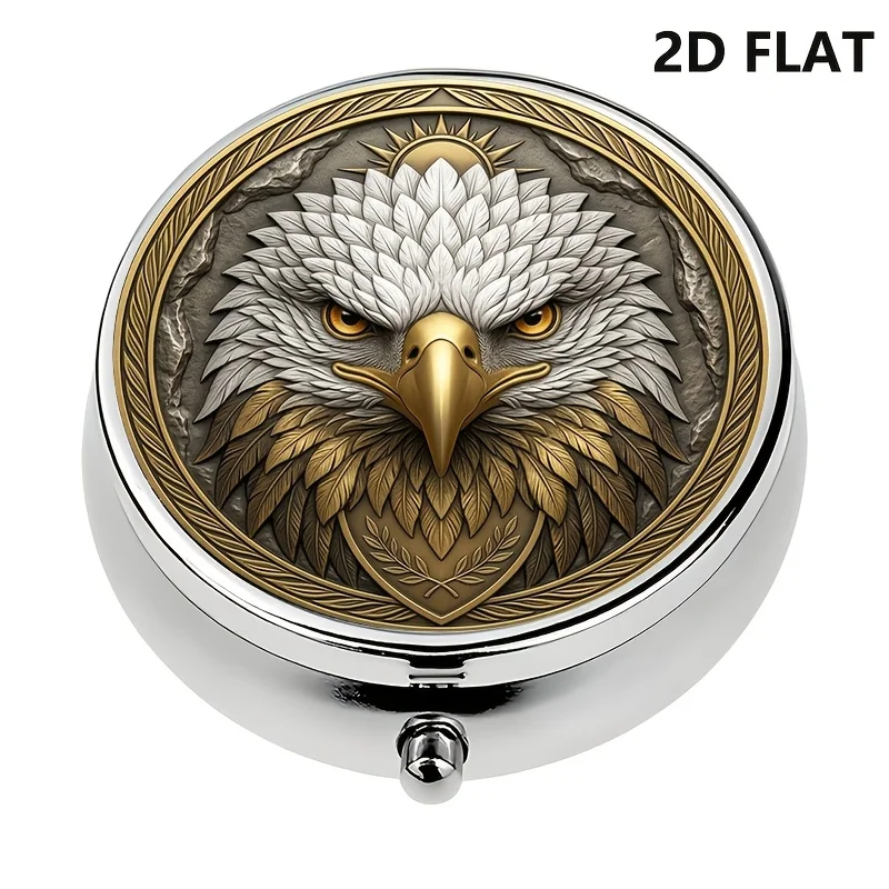 Single-piece packaging, flat, round box body, eagle-head metal box, everyday portable case, suitable for handbags or personal carry, ideal for outdoor travel and office medication reminders, pill box compatible with handbags