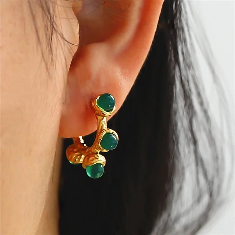 

Vintage Round Beads Series Green Natural Stone Earrings Female Fashion Everything Matching Stud Jewelry Accessories