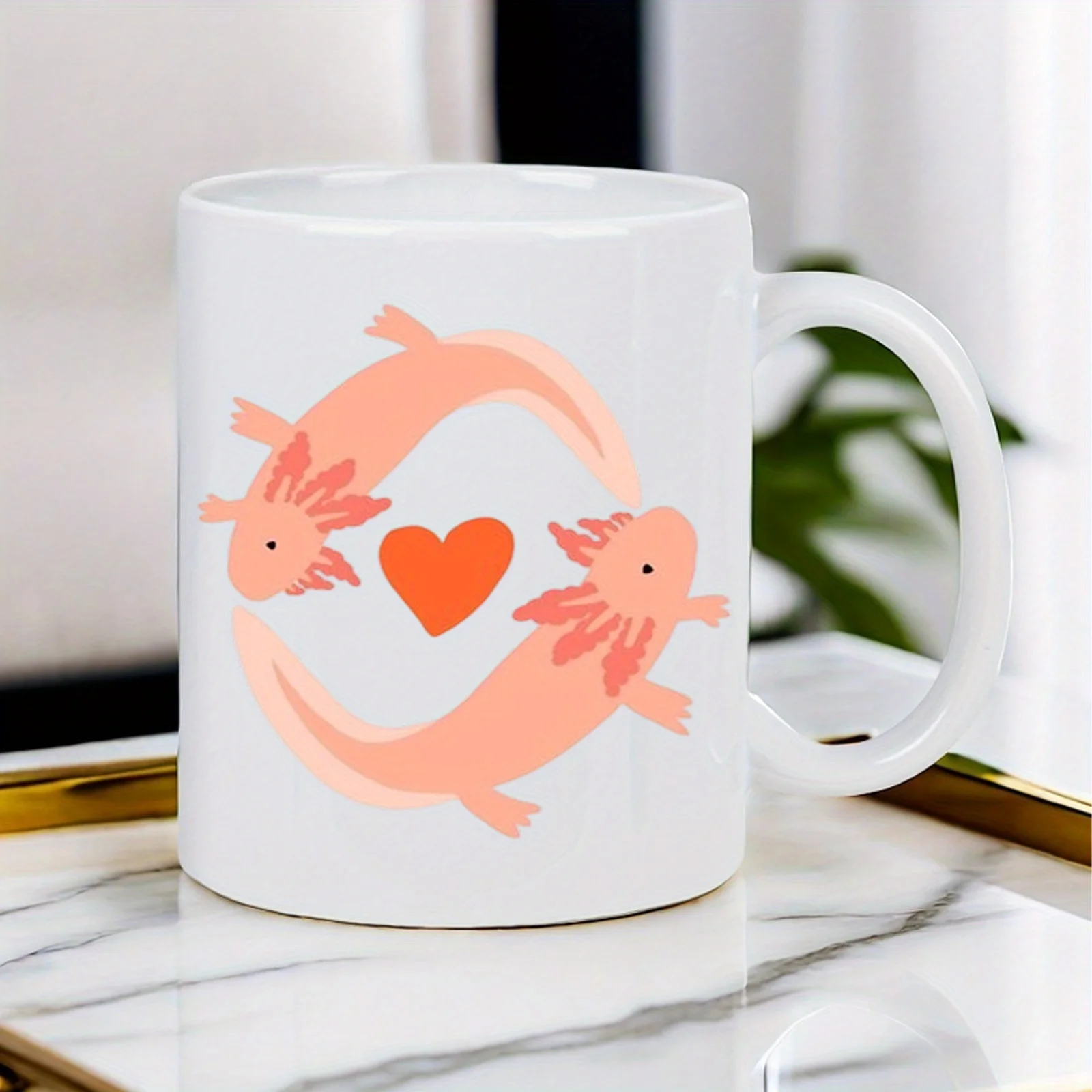 1pc Cute lizard heart ceramic white mug, suitable for home or office use.