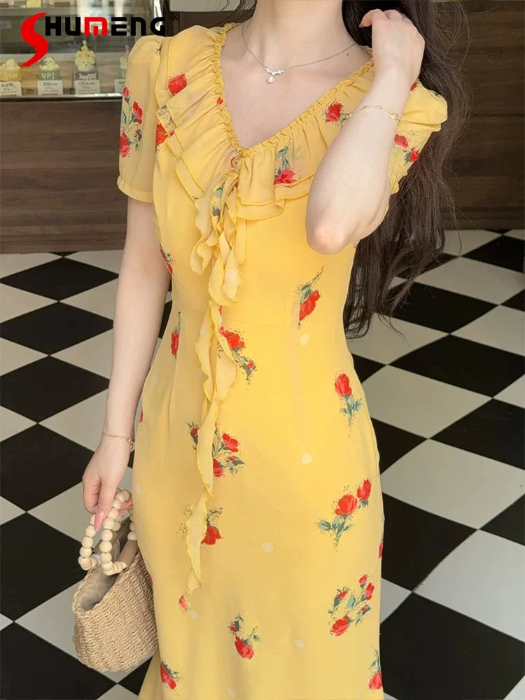 

Women's 2026 Summer New Fashion Floral Fishtail Dresses Female Stylish Color Matching Short Sleeve Dress Women's Elegant Dresses