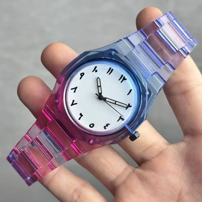 Gradient Color Transparent Polycarbonate Strap Saudi Arabia Digital Dial Waterproof Quartz Men's Women's Watches Customized