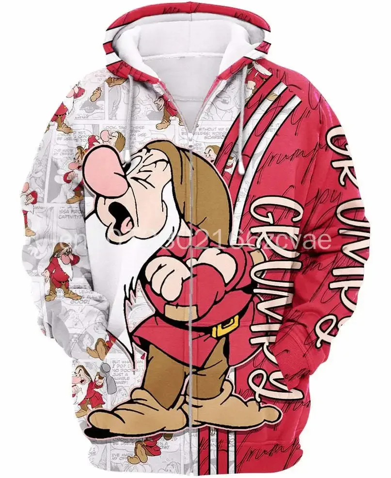 2024 Disney Red Haired Dwarf Snow White and the Seven Dwarfs Cartoon Fan Gift Full Print Hoodie Disney Zipper Pullover