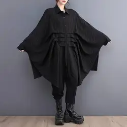 #0110 Black Green Irregular Shirt Women Batwing Sleeve Loose Long Streetwear Hip Hop Womens Tops And Blouses Folds Korean Style