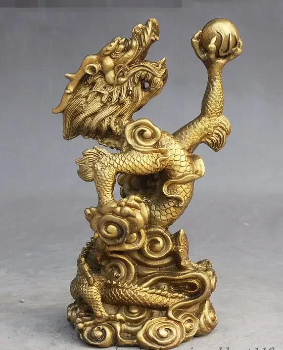 

Folk Fengshui China Chinese Brass Fly Dragon Dragons Play Ball Exorcise Statue