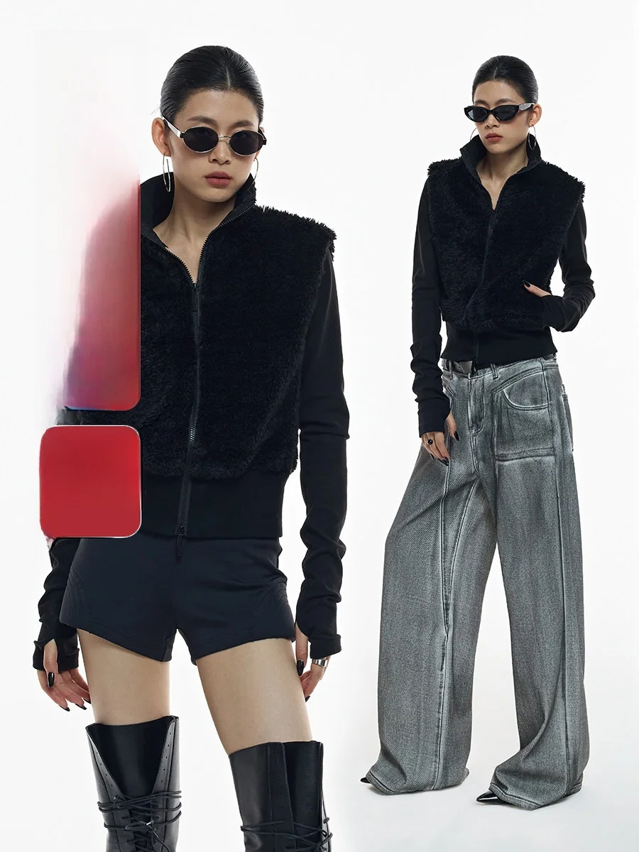 

Ourhour Zipper High Collar Faux Two-Piece Bla Mink Vest Women's Spring Design Sense Outerwear ort Cotton Blend Jaet