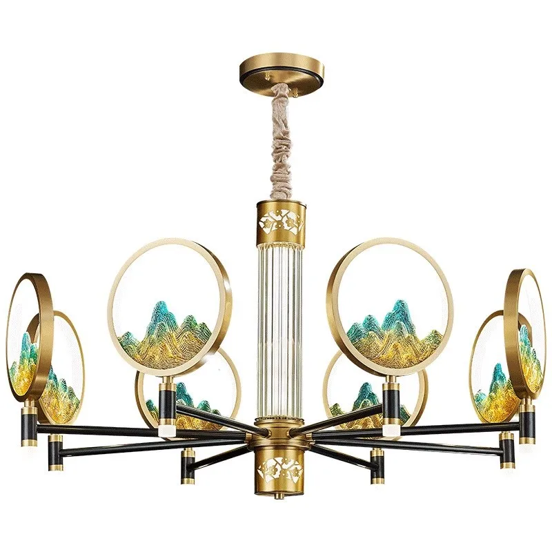 

New Chinese-style all-copper living room chandelier retro thousand miles of Jiangshan light luxury restaurant modern and simple