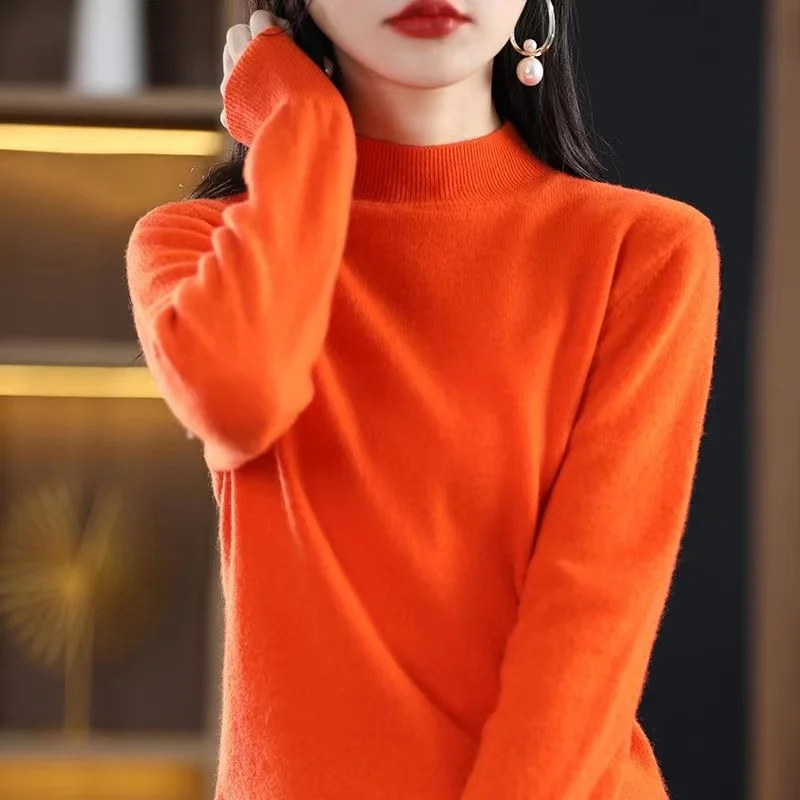 Women\'s half height solid color cashmere sweater loose pullover autumn and winter skin friendly base commuting knit top