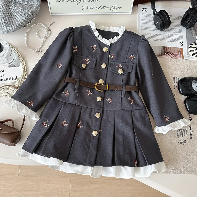 Girls Grey Dress Chic Embroidery Butterfly Print O-neck Long Sleeve A-line Dresses/One Breasted Tops Coat+Pleated Skirt Suits