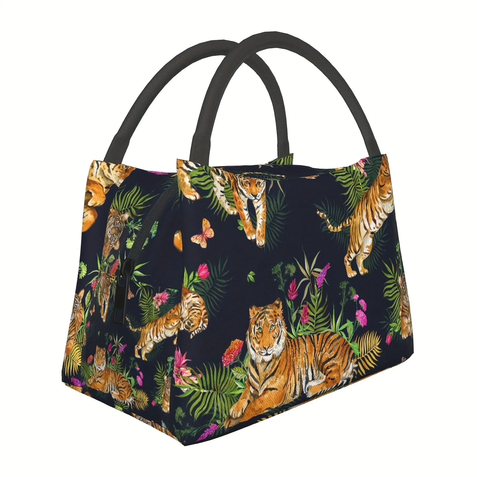 Jungle Tiger Floral Print Insulated Lunch Bag Reusable Durable Polyester Tote Bag for Travel Office