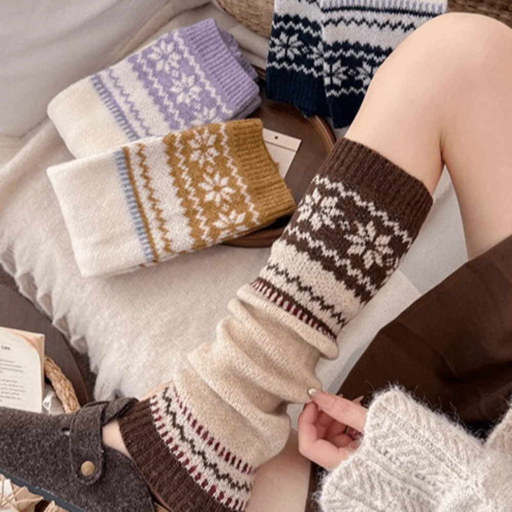 Soft Texture Fair Isle Leg Warmers Wool Blend Snow Pattern Slouch Socks Casual Style Thick Knit Calf Socks Outdoor Walk