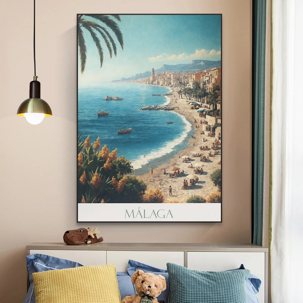 โปสเตอร์ลายพิมพ์เที่ยวมาลากาในยุโรปเมืองสเปนพิมพ์ลายทิวทัศน์ที่มีสีสัน hiasan dinding kamar อ่านหนังสือวินเทจ