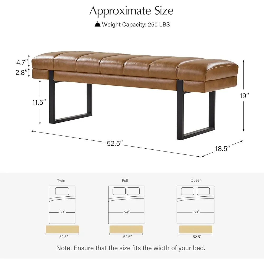 53인치 인조 가죽 현관 벤치, 침대 끝 부분에 버튼 장식이 있는 침실용 벤치 오토만, 금속 베이스가 있는 거실용 벤치
