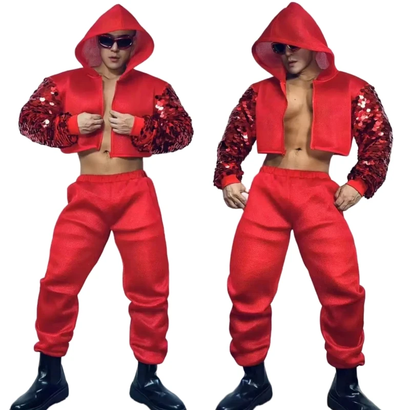 Nightclub Bar Performance Hip Hop Jazz Dance Costume Red Sequins Hooded Jacket Pants Male Stage Carnival Party Show Rave Outfit