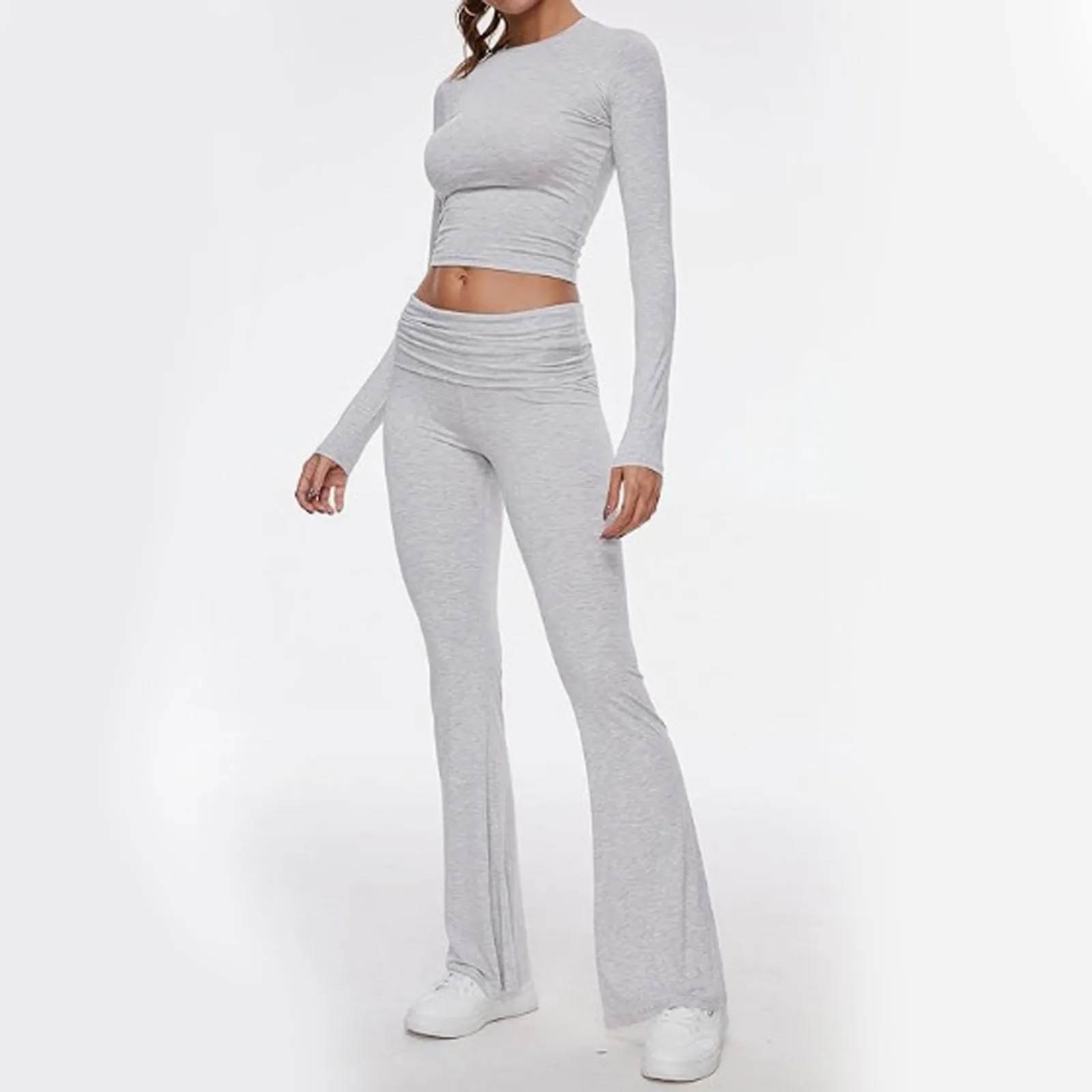 Women Crop Tops Long Pants Two Piece Sets Flare Pants Long Sleeve Cropped Tops Casual Outfits Pajamas Streetwear Spring Autumn